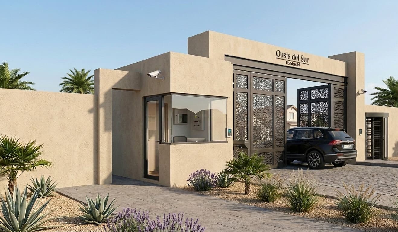 Oasis del Sur — acceso al coto y caseta de seguridad