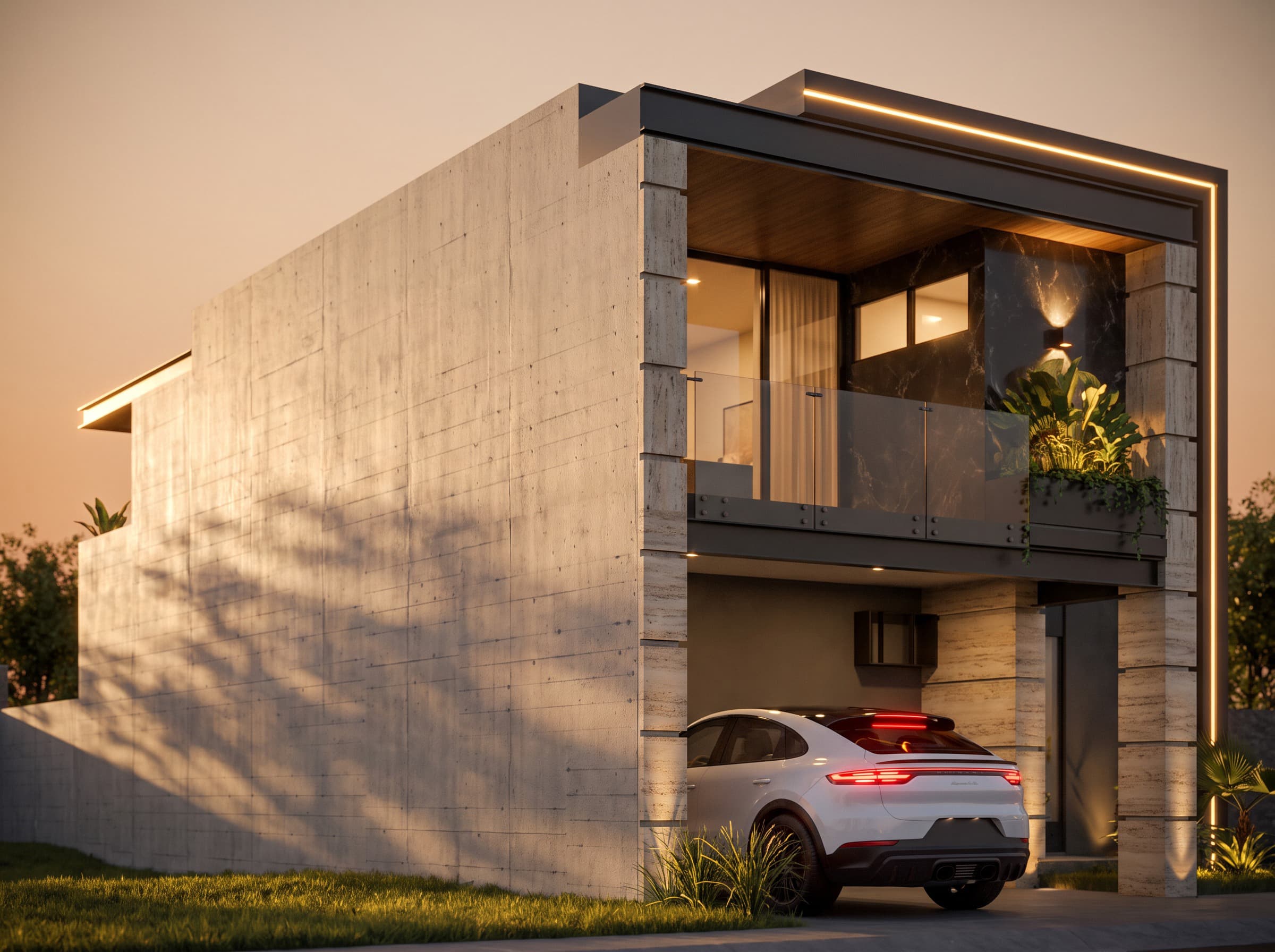 Oasis del Sur — Casa Tipo 01, vista lateral con balcón y terraza
